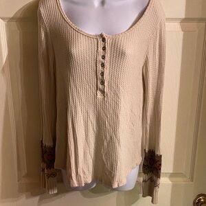 White Crow Beige Long Sleeve Top with Floral Cuffs